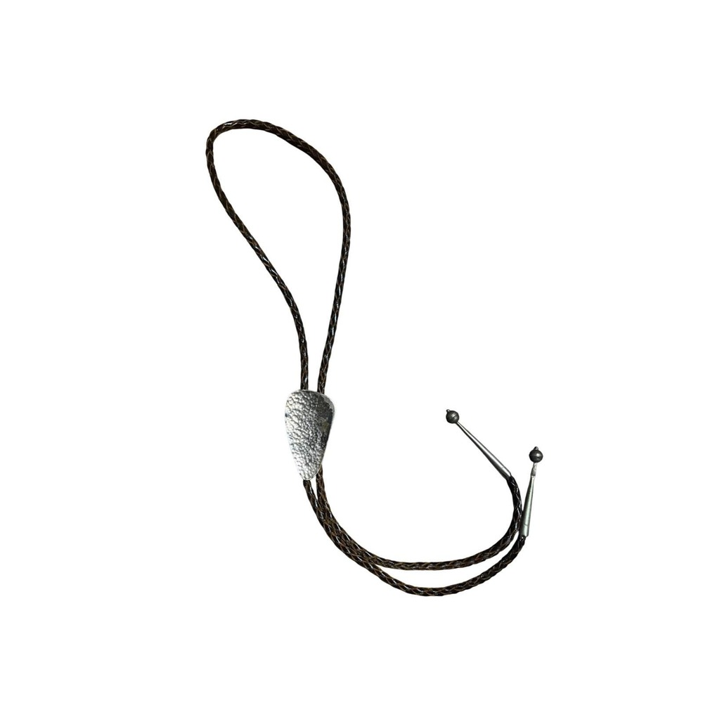 Vintage Hammered Sterling Silver Bolo‎ Tie Brown Braided Leather Western Mens